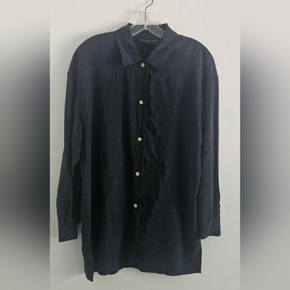 AUGUST SILK Vintage Navy Button-Up Blouse (Size S)